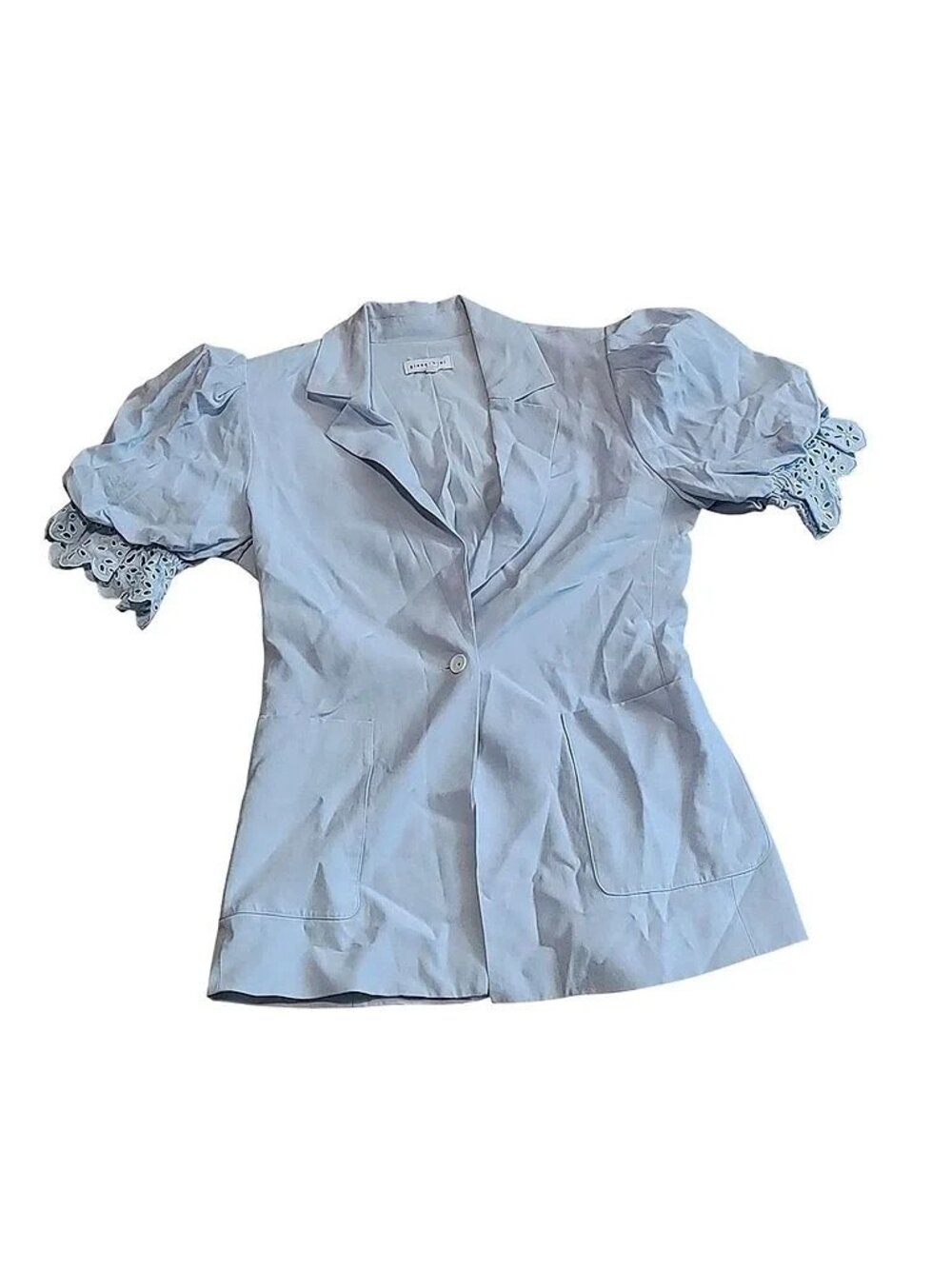 Gianni Bini Linen Blend Blue Top Single Button Blazer Puff Sleeves Size 2